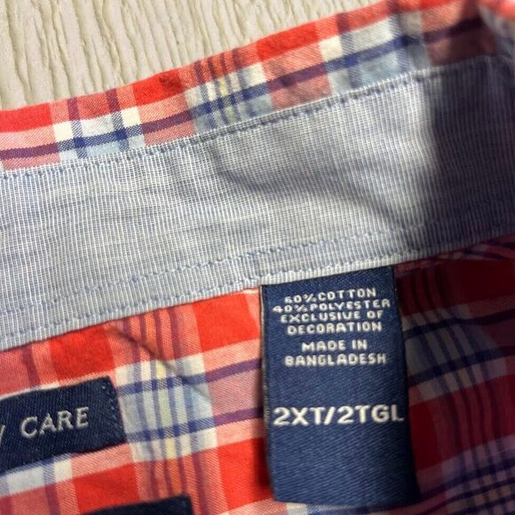 Chaps Red Blue Plaid Button Up Shirt Men's Size 2XT Short Sleeve Crest Easy Care - Picture 4 of 11